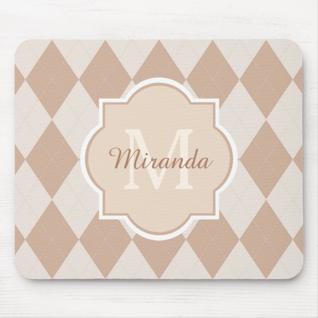Preppy Light Brown Argyle Girly Monogram and Name Mouse Pad (Front)