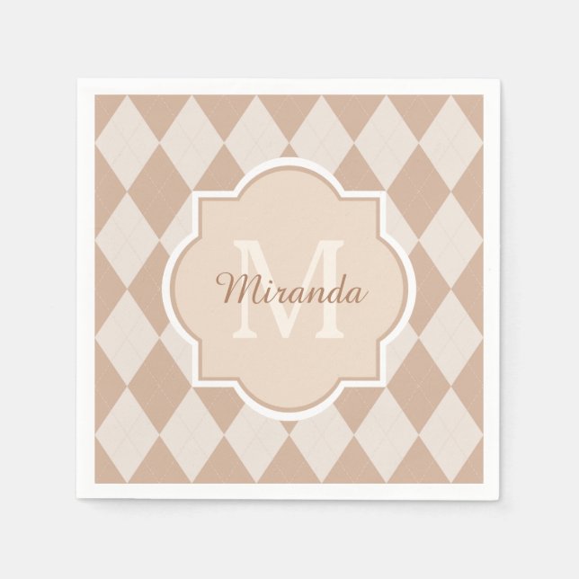 Preppy Light Brown Argyle Girly Monogram and Name Napkin (Front)