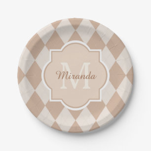 Preppy Light Brown Argyle Girly Monogram and Name Paper Plate