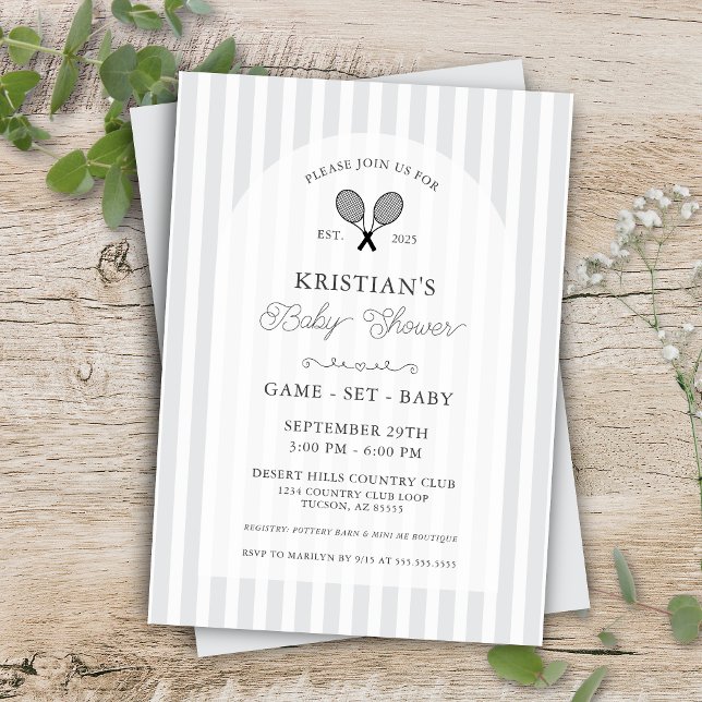 Preppy Light Grey Tennis Country Club Baby Shower Invitation (Light grey preppy chic elegant baby shower don't wrap gifts display shower card enclosure inserts)