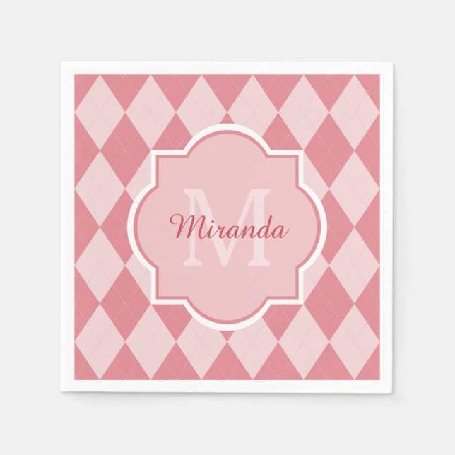 Preppy Light Pink Argyle Girly Monogram Party Name Napkin (Front)