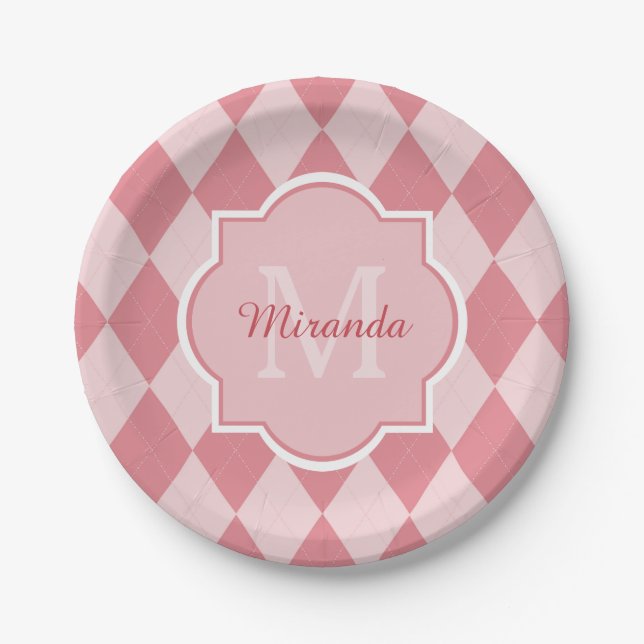 Preppy Light Pink Argyle Girly Monogram Party Name Paper Plate (Front)