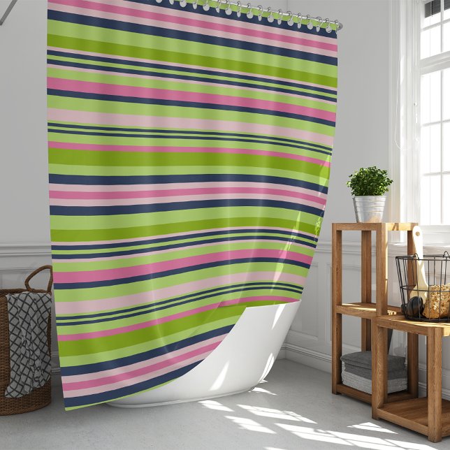 Preppy Lime Green, Pink and Navy Stripe Shower Curtain (Creator Uploaded)