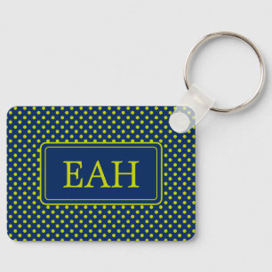 Preppy Lime Green Polka Dot on Navy Blue Monogram Key Ring