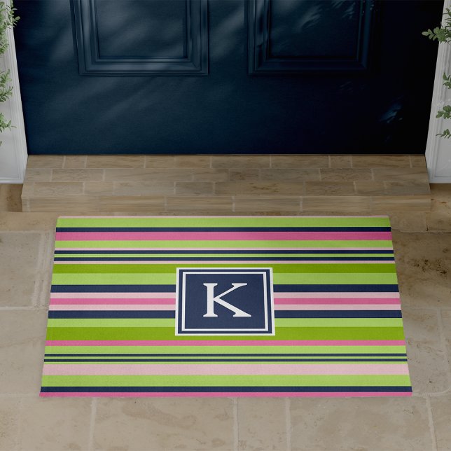 Preppy Lime, Pink and Navy Stripe Monogram Doormat (Creator Uploaded)