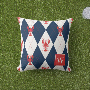 Preppy Lobster Argyle Red & Navy Monogram Cushion