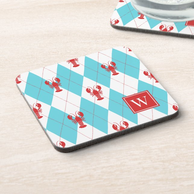Preppy Lobster Argyle Red & Turquoise Monogram Coaster (Left Side)
