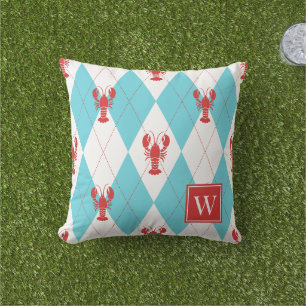Preppy Lobster Argyle Red & Turquoise Monogram Cushion
