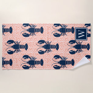 Preppy Lobster Greek Key - Coral & Navy Monogram Beach Towel