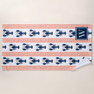 Preppy Lobster Greek Key - Coral & Navy Monogram Beach Towel