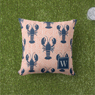 Preppy Lobster Greek Key Coral & Navy Monogram Cushion