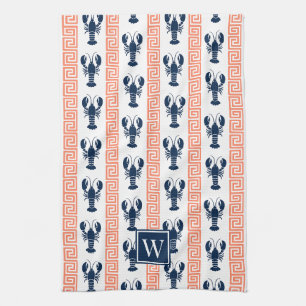 Preppy Lobster Greek Key Coral & Navy Monogram Tea Towel