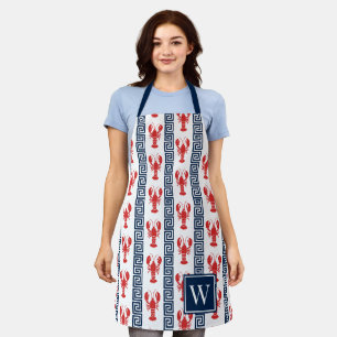 Preppy Lobster Greek Key - Red & Navy Monogram Apron