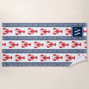 Preppy Lobster Greek Key - Red & Navy Monogram Beach Towel