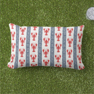 Preppy Lobster Greek Key - Red & Navy Monogram Lumbar Cushion