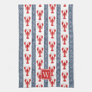 Preppy Lobster Greek Key  Red & Navy Monogram Tea Towel