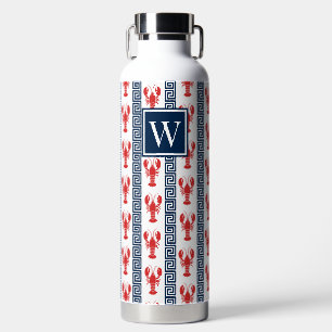 Preppy Lobster - Greek Key Red & Navy Monogram Water Bottle