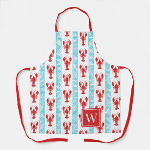 Preppy Lobster Greek Key Red & Turquoise Monogram Apron