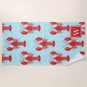 Preppy Lobster Greek Key Red & Turquoise Monogram Beach Towel