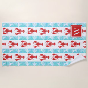 Preppy Lobster Greek Key  Red & Turquoise Monogram Beach Towel