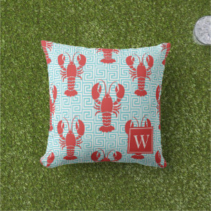 Preppy Lobster Greek Key Red & Turquoise Monogram Cushion