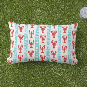 Preppy Lobster Greek Key Red & Turquoise Monogram Lumbar Cushion