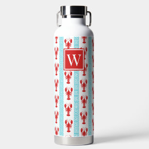 Preppy Lobster Greek Key Red & Turquoise Monogram Water Bottle