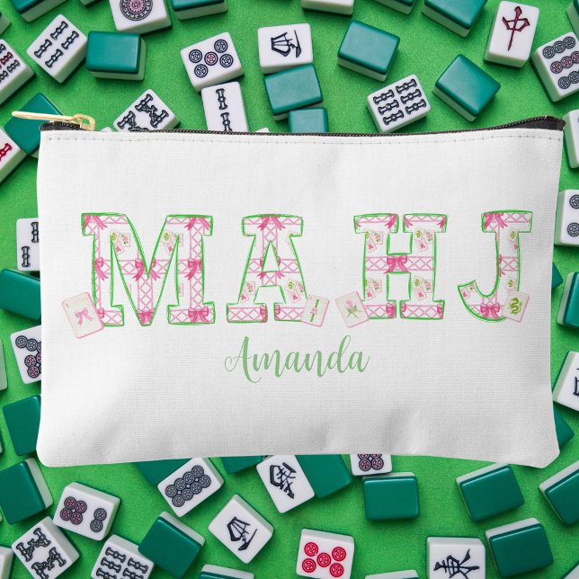 Preppy Mahjong / Pink Green Bow Tiles Personalised Accessory Pouch (Creator Uploaded)