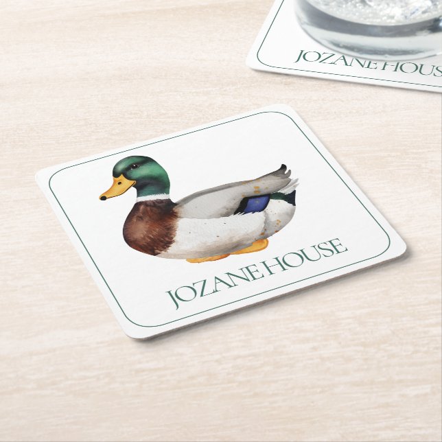 Preppy Mallard Duck Personalised Square Paper Coaster (Angled)