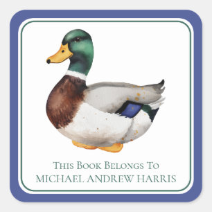 Preppy Mallard Duck Personalized Bookplate Square Sticker