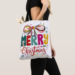 Preppy Merry Christmas Coquette Bow Xmas Tote Bag