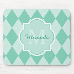 Preppy Mint Green Argyle Girly Monogram and Name Mouse Pad