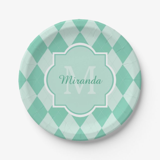 Preppy Mint Green Argyle Girly Monogram and Name Paper Plate (Front)