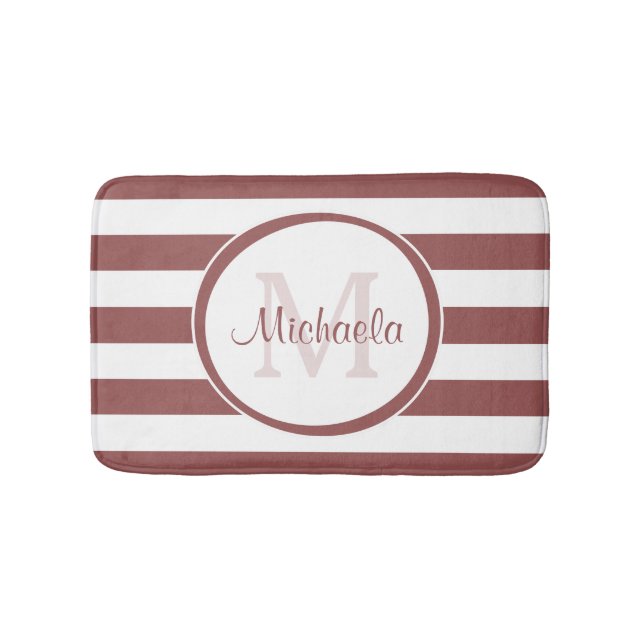 Preppy Monogram and Broad Rosy Brown Stripes Bath Mat (Front)