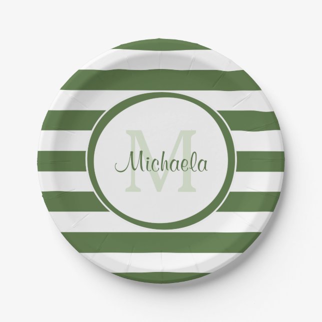 Preppy Monogram and Chunky Treetop Green Stripes Paper Plate (Front)