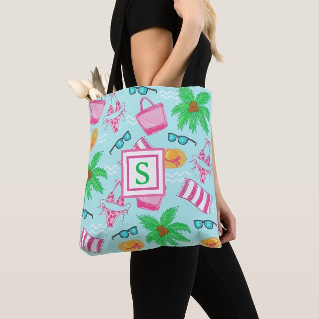 Preppy Monogram Beach Bikini Towel Palm Tree Towel Tote Bag (Close Up)