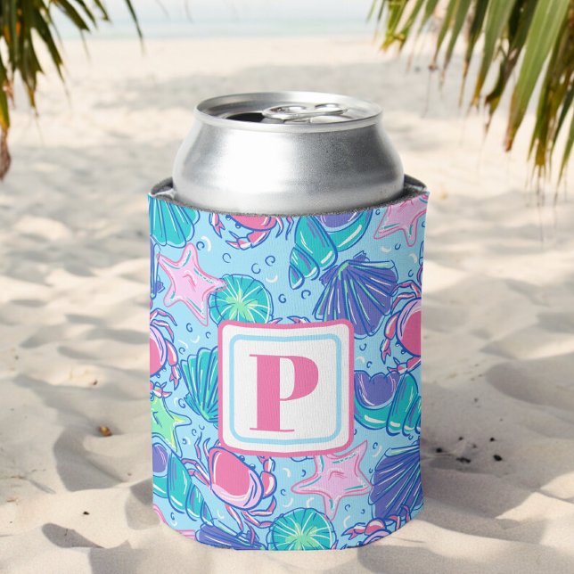 Preppy Monogram Beach Shell Crab Coastal Can Cooler (Creator Uploaded)