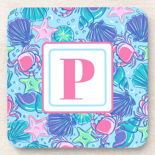 Preppy Monogram Beach Shell Crab Coaster (Front)