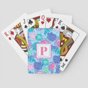Preppy Monogram Beach Shell Crab Playing Cards