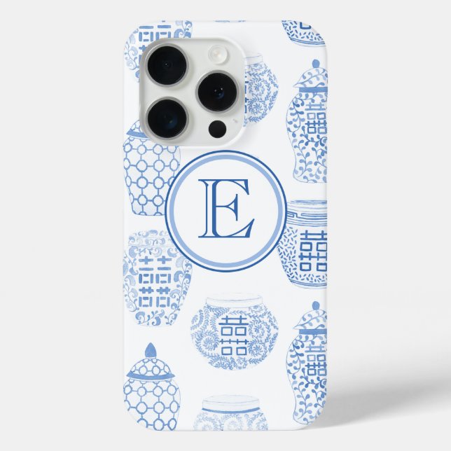 Preppy Monogram Blue And White Chinese Ginger Jar Case-Mate iPhone Case (Back)