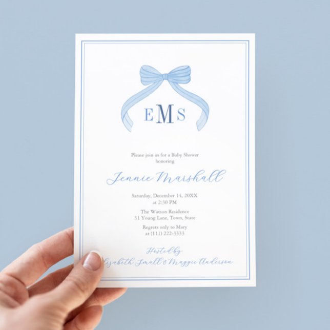 Preppy Monogram Blue Bow Boy Baby Shower Party Invitation (Elegant blue bow monogram baby shower for boy invite with blue white regency stripes backer)