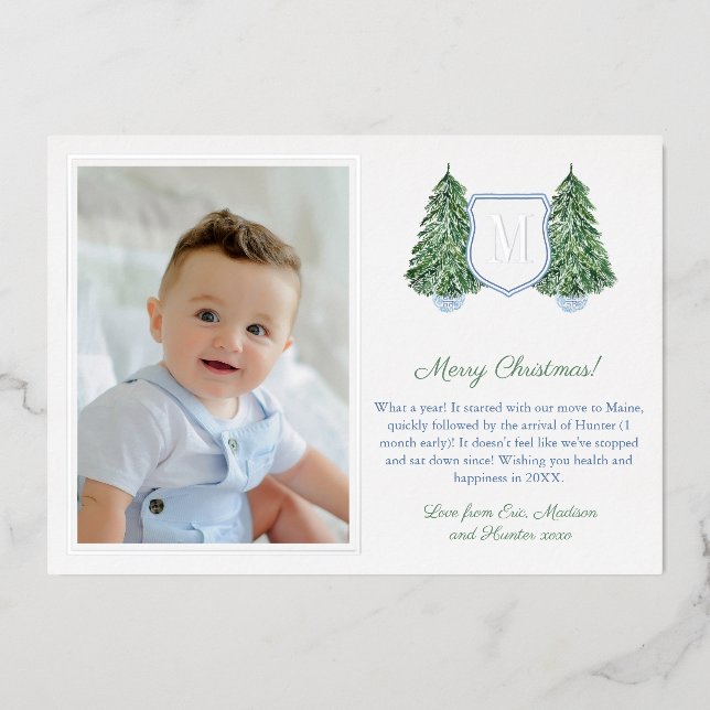 Preppy Monogram Blue Green Happy Holidays Silver Foil Holiday Card (Front)