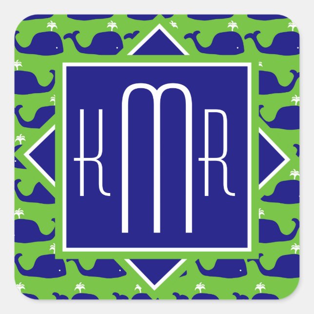 Preppy Monogram | Blue Green Whales Square Sticker (Front)