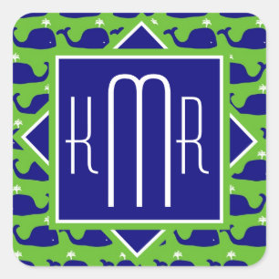 Preppy Monogram   Blue Green Whales Square Sticker
