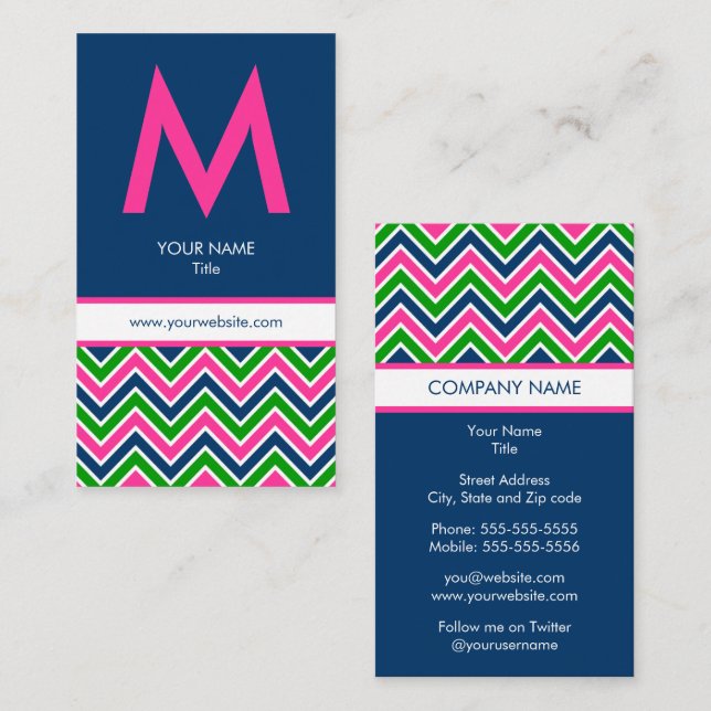 Preppy Monogram Chevron Business Card - Pink/Navy (Front/Back)