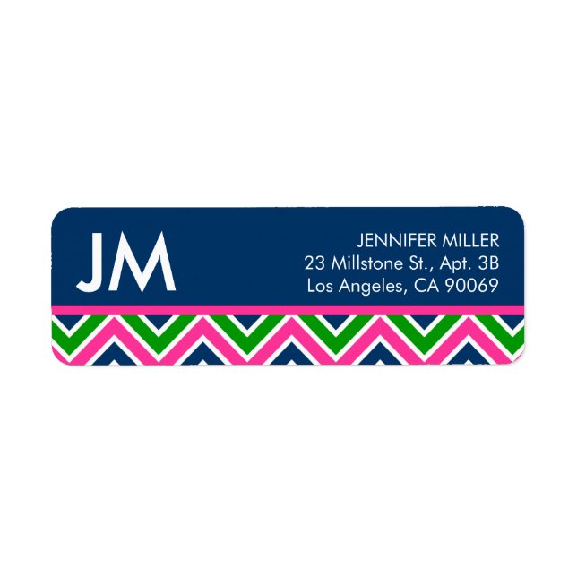 Preppy Monogram Chevron Return Address Label -Blue (Front)