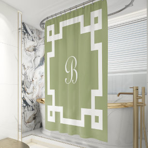 Preppy Monogram Greek Key Border Thyme Green Shower Curtain