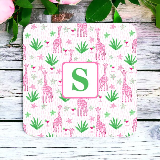 Preppy Monogram Mini Giraffes Cosmopolitans Floral Coaster (Creator Uploaded)