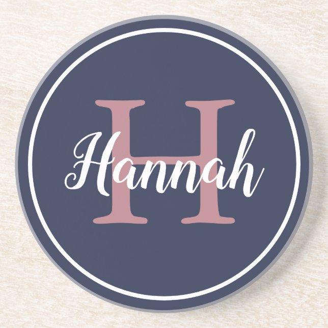 Preppy Monogram Navy Blue Calligraphy Name Coaster (Front)