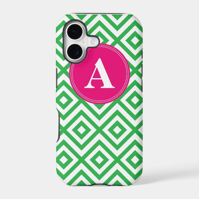 Preppy Monogram Pattern Pink and Green iPhone Case (Back)